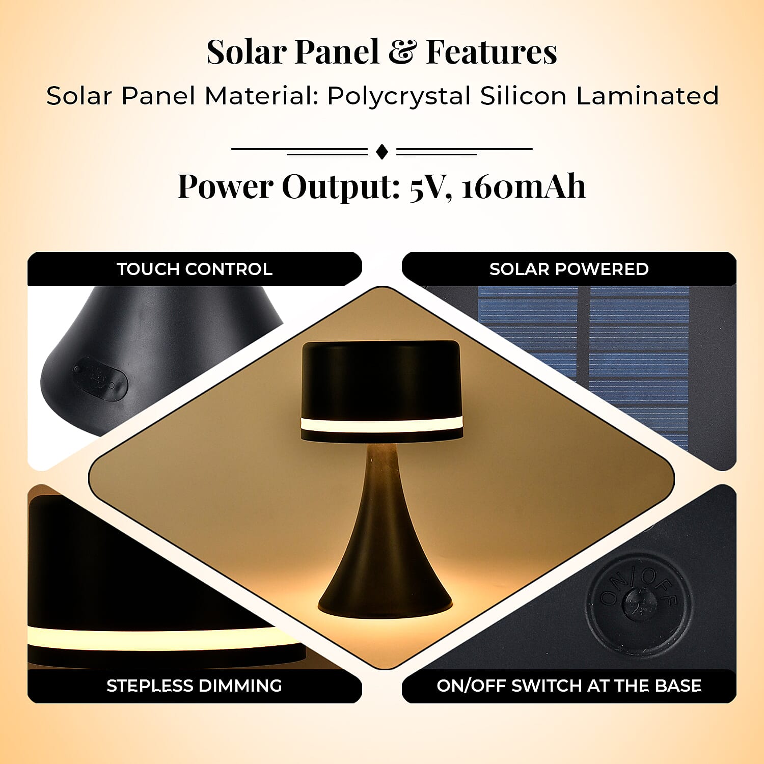 Solar Table Lamp with USB Recharge Function and 1200mah Battery - Black 7700593 5