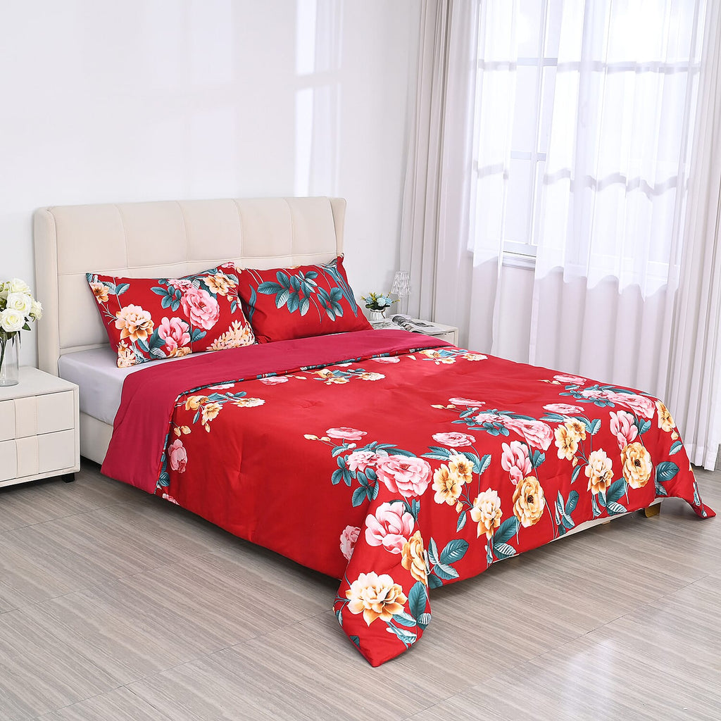 3 Piece Set - Peony Pattern Comforter with 2 Pillow Cases (Double Size 200x200 cm) - Red