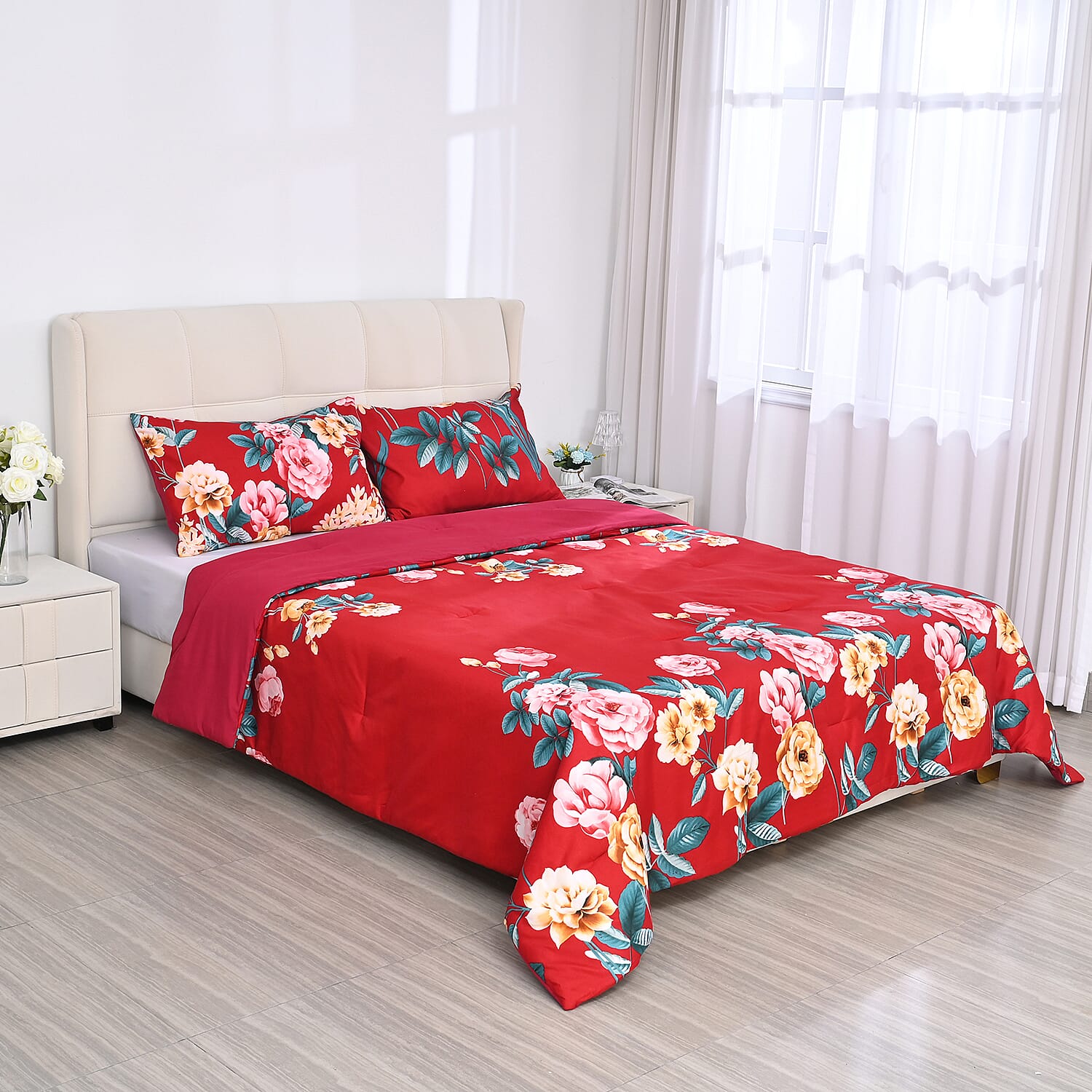 3 Piece Set - Peony Pattern Comforter with 2 Pillow Cases (Double Size 200x200 cm) - Red 7703128 0