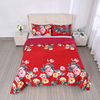3 Piece Set - Peony Pattern Comforter with 2 Pillow Cases (Double Size 200x200 cm) - Red
