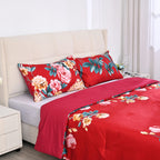 3 Piece Set - Peony Pattern Comforter with 2 Pillow Cases (Double Size 200x200 cm) - Red