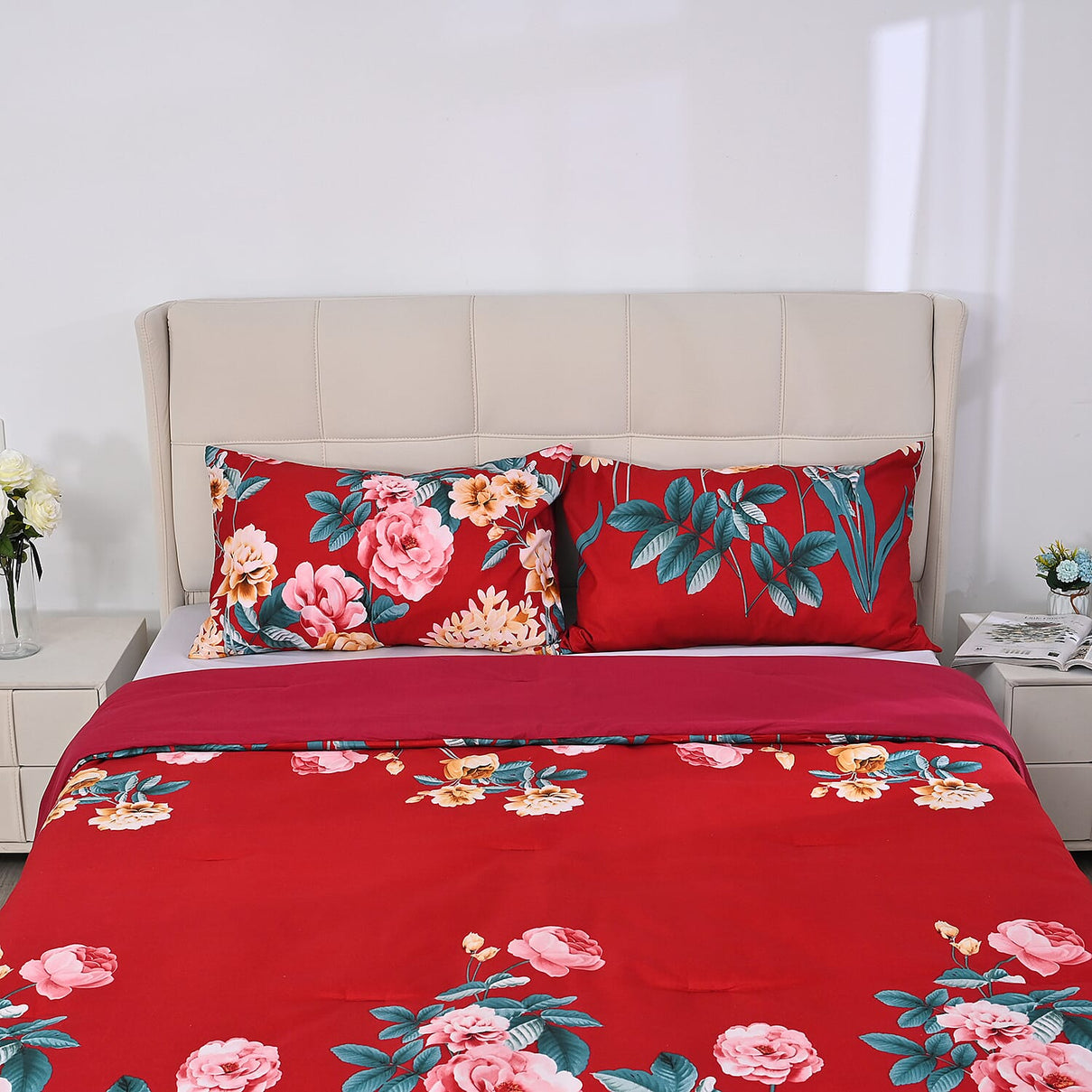 3 Piece Set - Peony Pattern Comforter with 2 Pillow Cases (Double Size 200x200 cm) - Red 7703128 4
