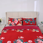 3 Piece Set - Peony Pattern Comforter with 2 Pillow Cases (Double Size 200x200 cm) - Red