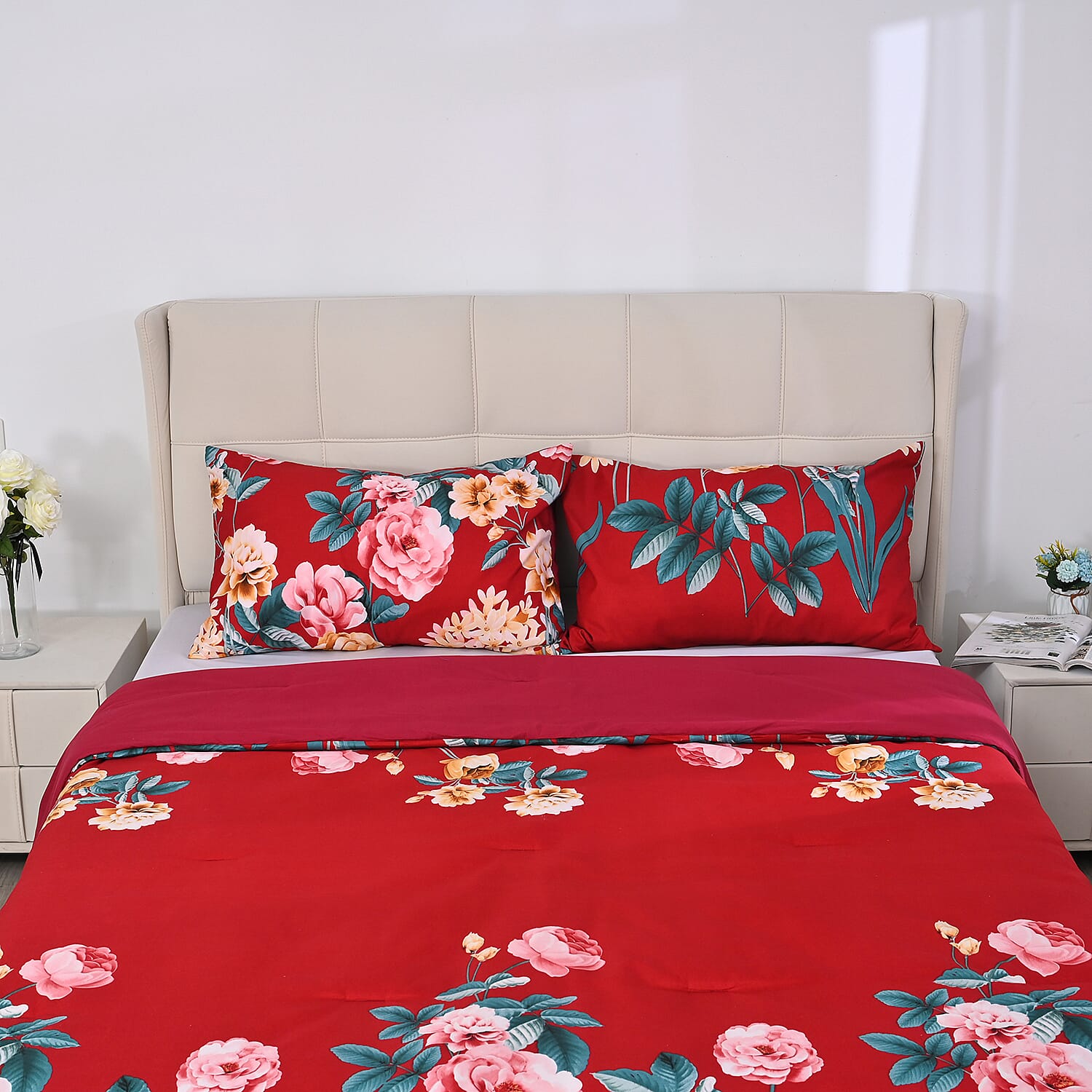 3 Piece Set - Peony Pattern Comforter with 2 Pillow Cases (Double Size 200x200 cm) - Red 7703128 4