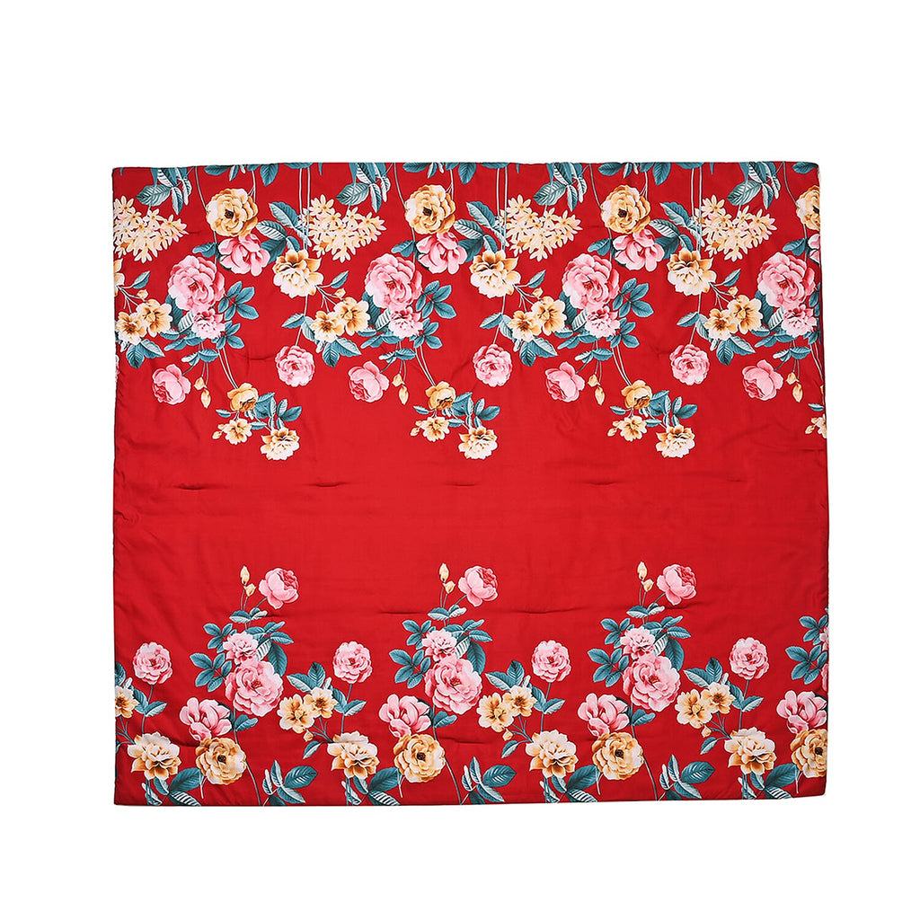 3 Piece Set - Peony Pattern Comforter with 2 Pillow Cases (Double Size 200x200 cm) - Red