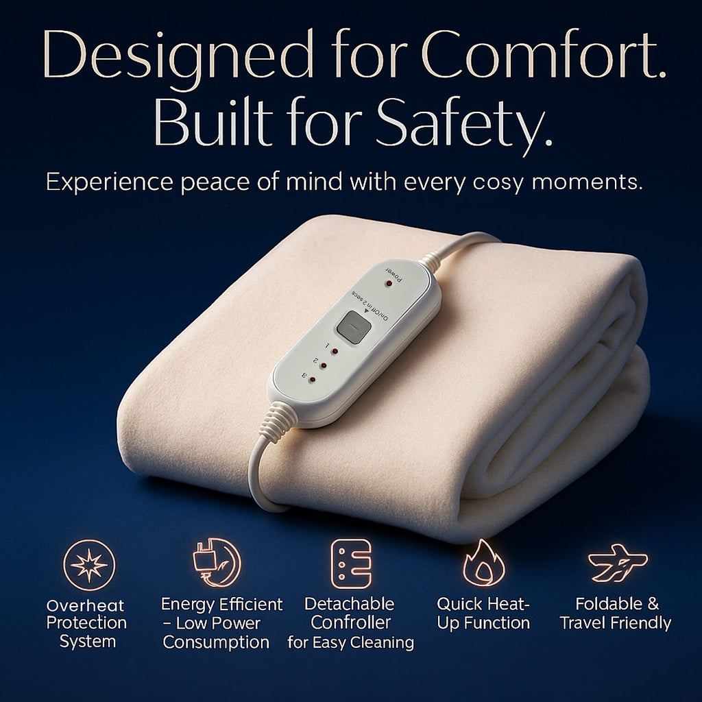 CUQOO Premium Heated Blanket with 3 Heat Setting & LED Indicator Light (Single Size 135x65 cm) - White