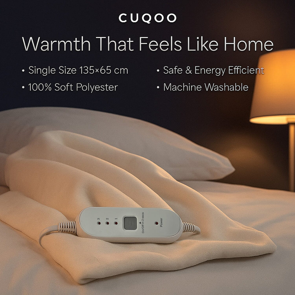 CUQOO Premium Heated Blanket with 3 Heat Setting & LED Indicator Light (Single Size 135x65 cm) - White