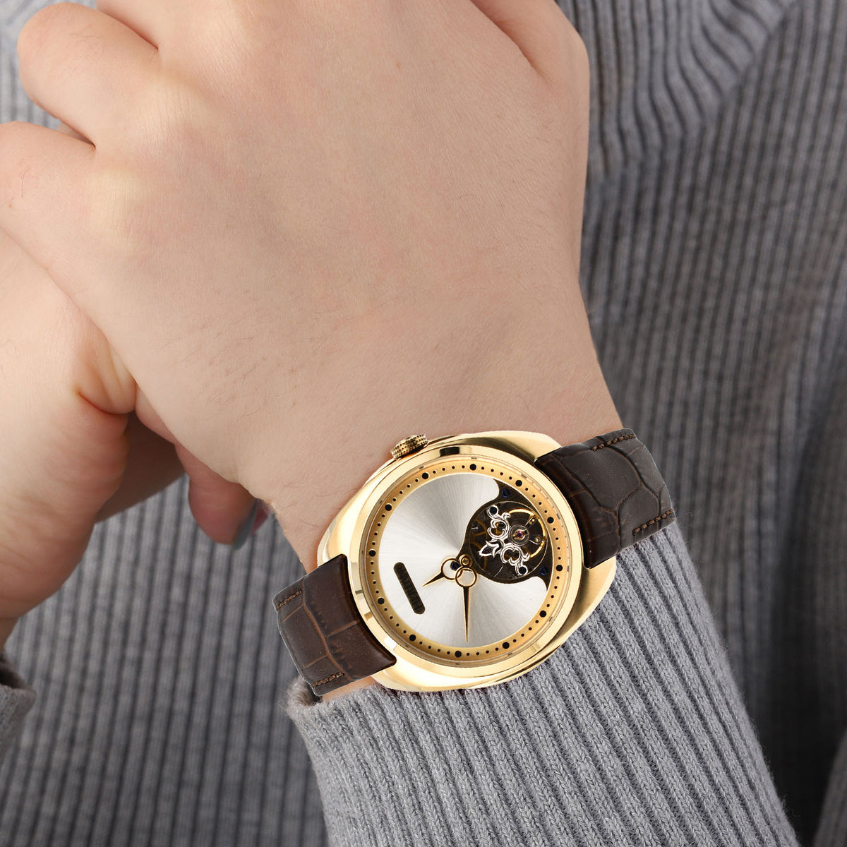 HERITOR Automatic Semi-Skeleton Movement 5ATM Water Resistance Gold Dial Mens Watch with Brown Leather Strap 7708659 1