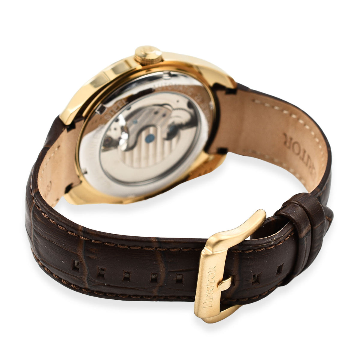 HERITOR Automatic Semi-Skeleton Movement 5ATM Water Resistance Gold Dial Mens Watch with Brown Leather Strap 7708659 5