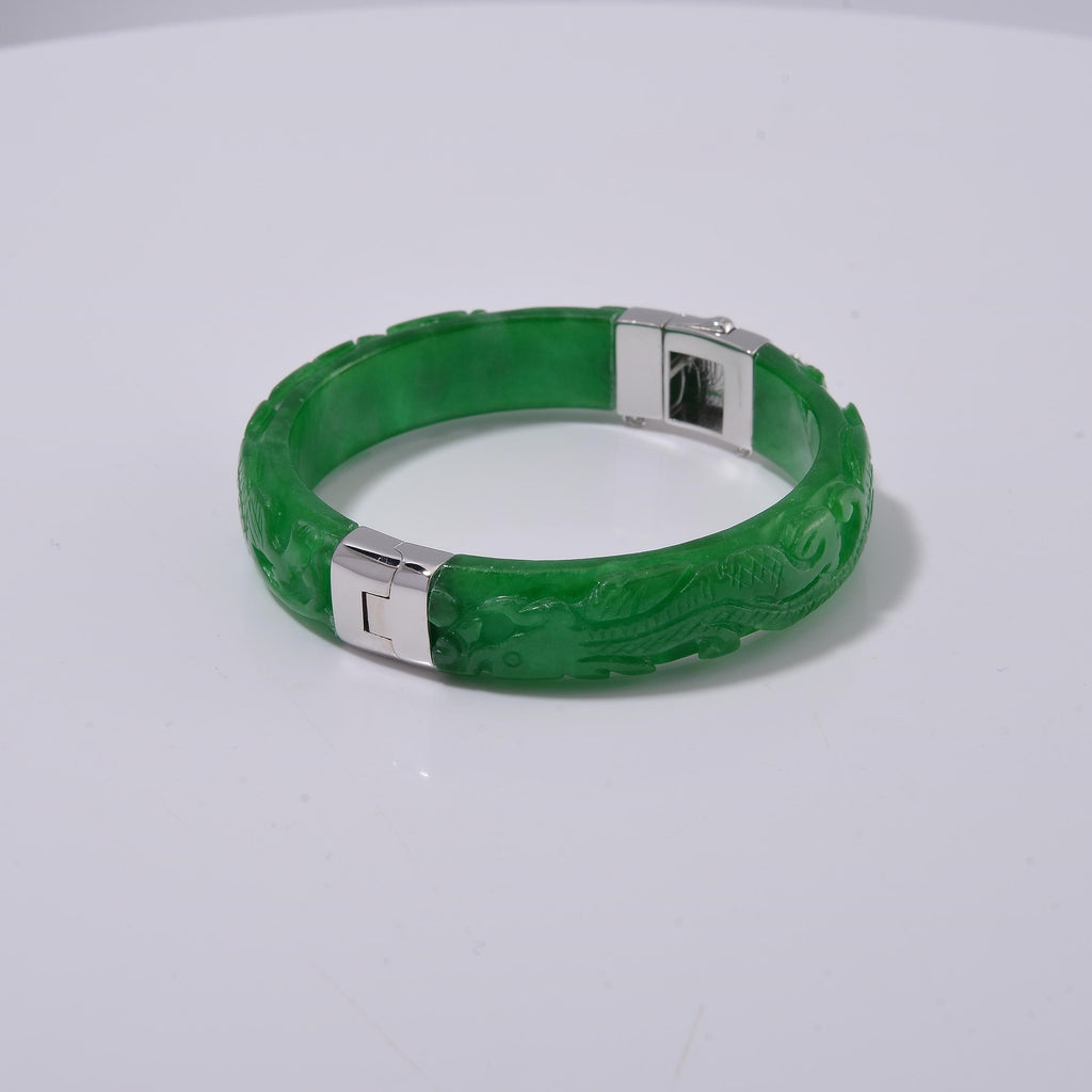 Hand Carved Green Jade Dragon Bangle in Rhodium Overlay Sterling Silver 270.00 ct_7708801