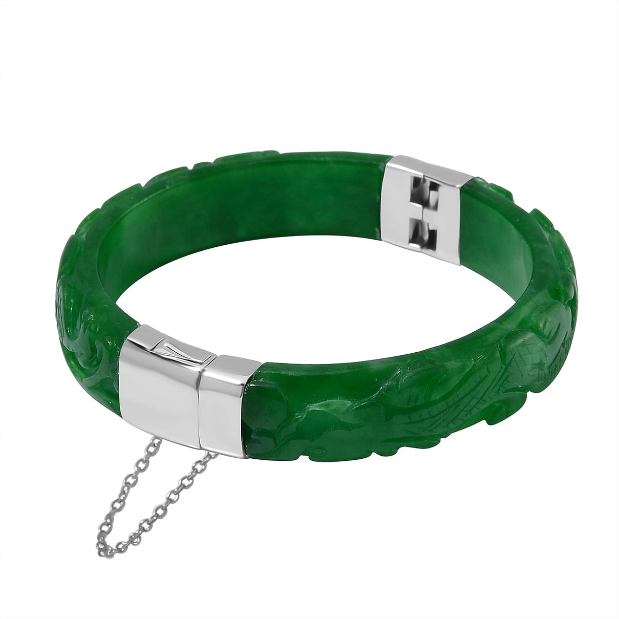 Hand Carved Green Jade Dragon Bangle in Rhodium Overlay Sterling Silver 270 ct., 7.5 Inch 7708801 2