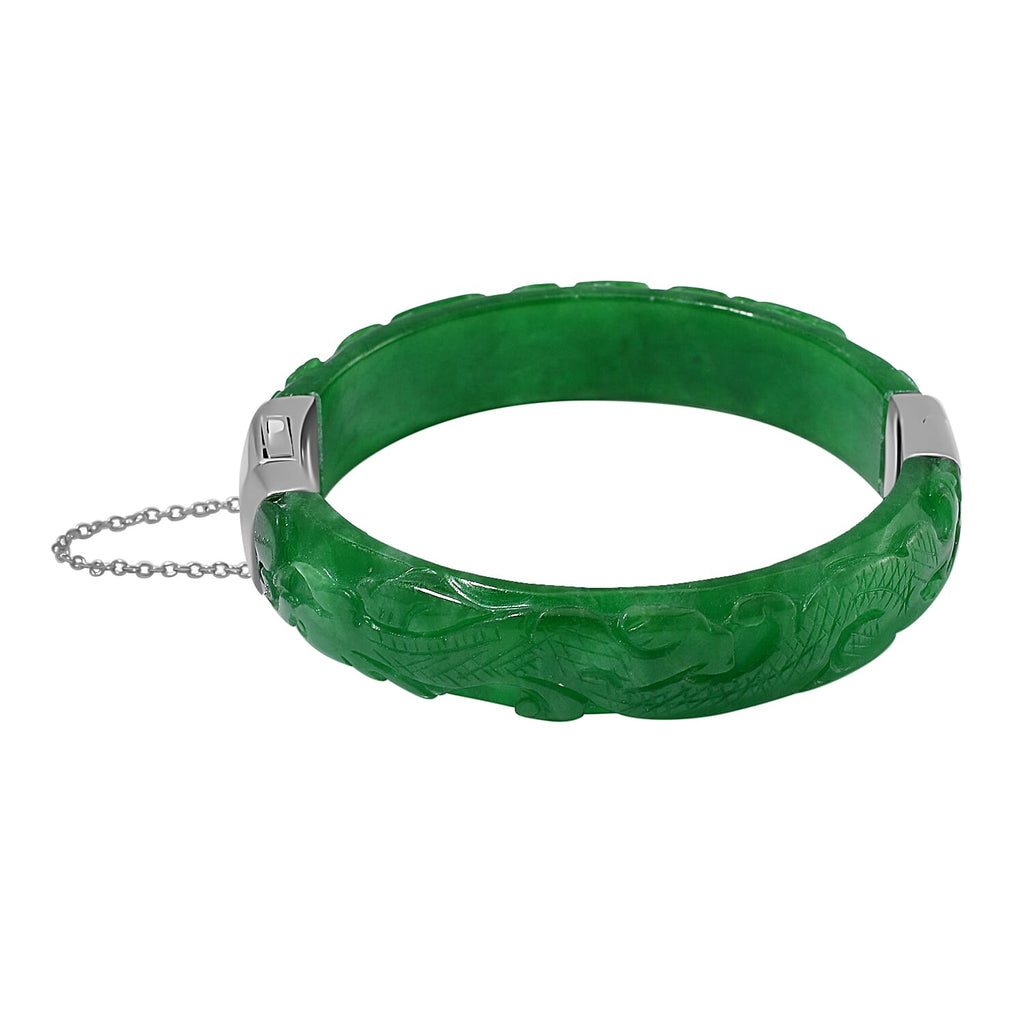 Hand Carved Green Jade Dragon Bangle in Rhodium Overlay Sterling Silver 270.00 ct_7708801_3