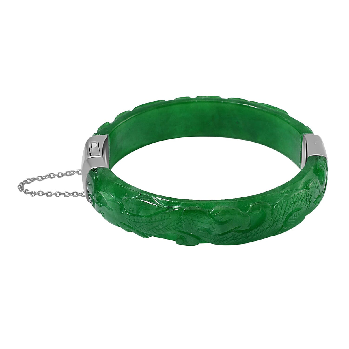 Hand Carved Green Jade Dragon Bangle in Rhodium Overlay Sterling Silver 270 ct., 7.5 Inch 7708801 4