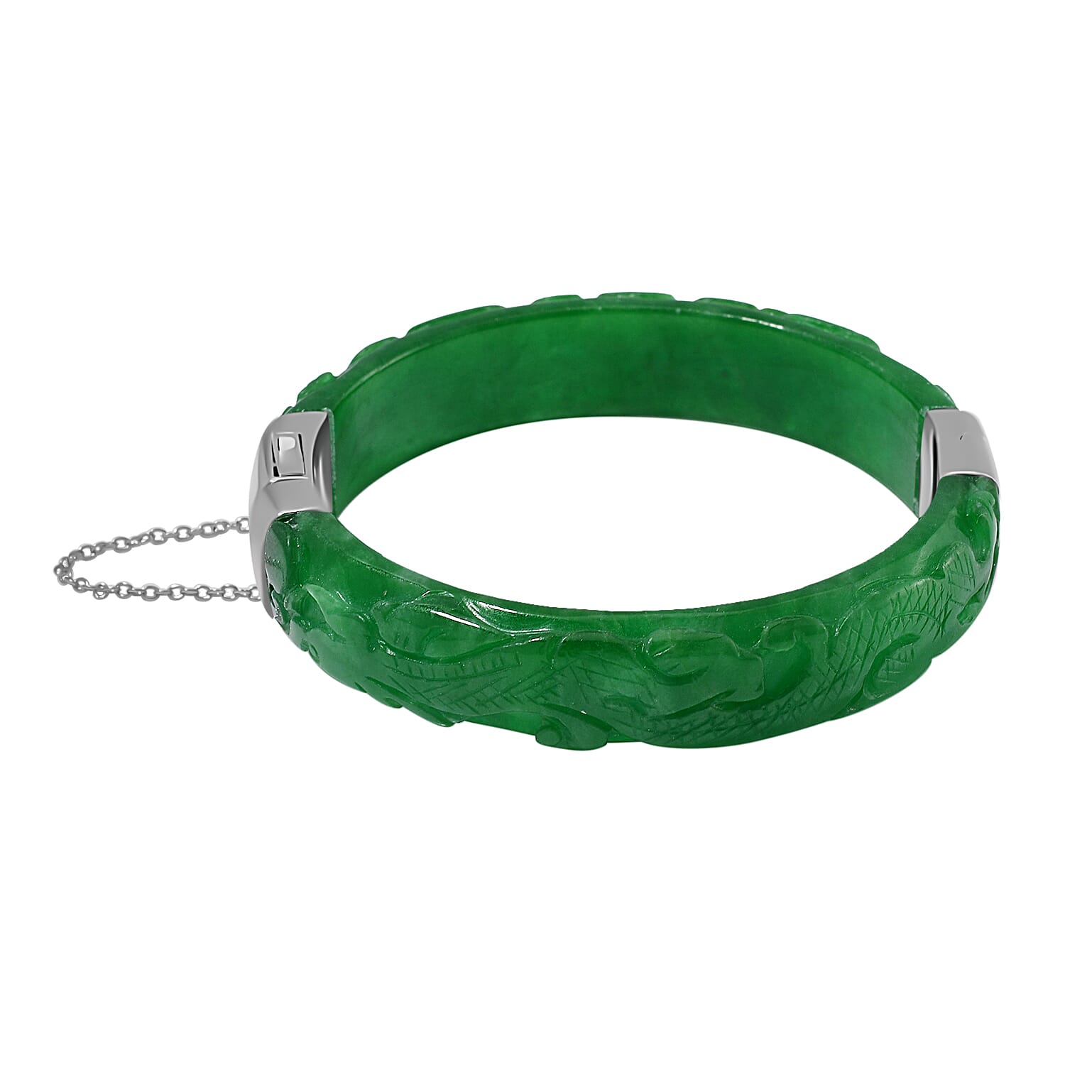 Hand Carved Green Jade Dragon Bangle in Rhodium Overlay Sterling Silver 270 ct., 7.5 Inch 7708801 4
