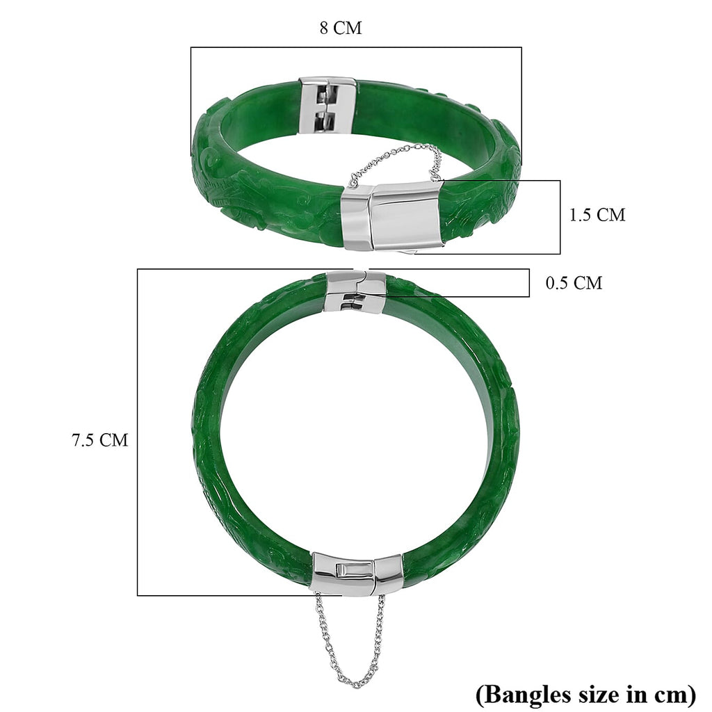 Hand Carved Green Jade Dragon Bangle in Rhodium Overlay Sterling Silver 270.00 ct_7708801_6