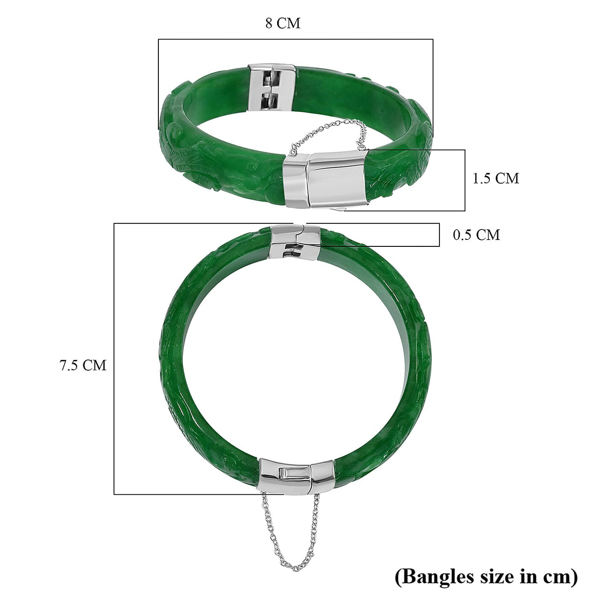Hand Carved Green Jade Dragon Bangle in Rhodium Overlay Sterling Silver 270 ct., 7.5 Inch 7708801 7