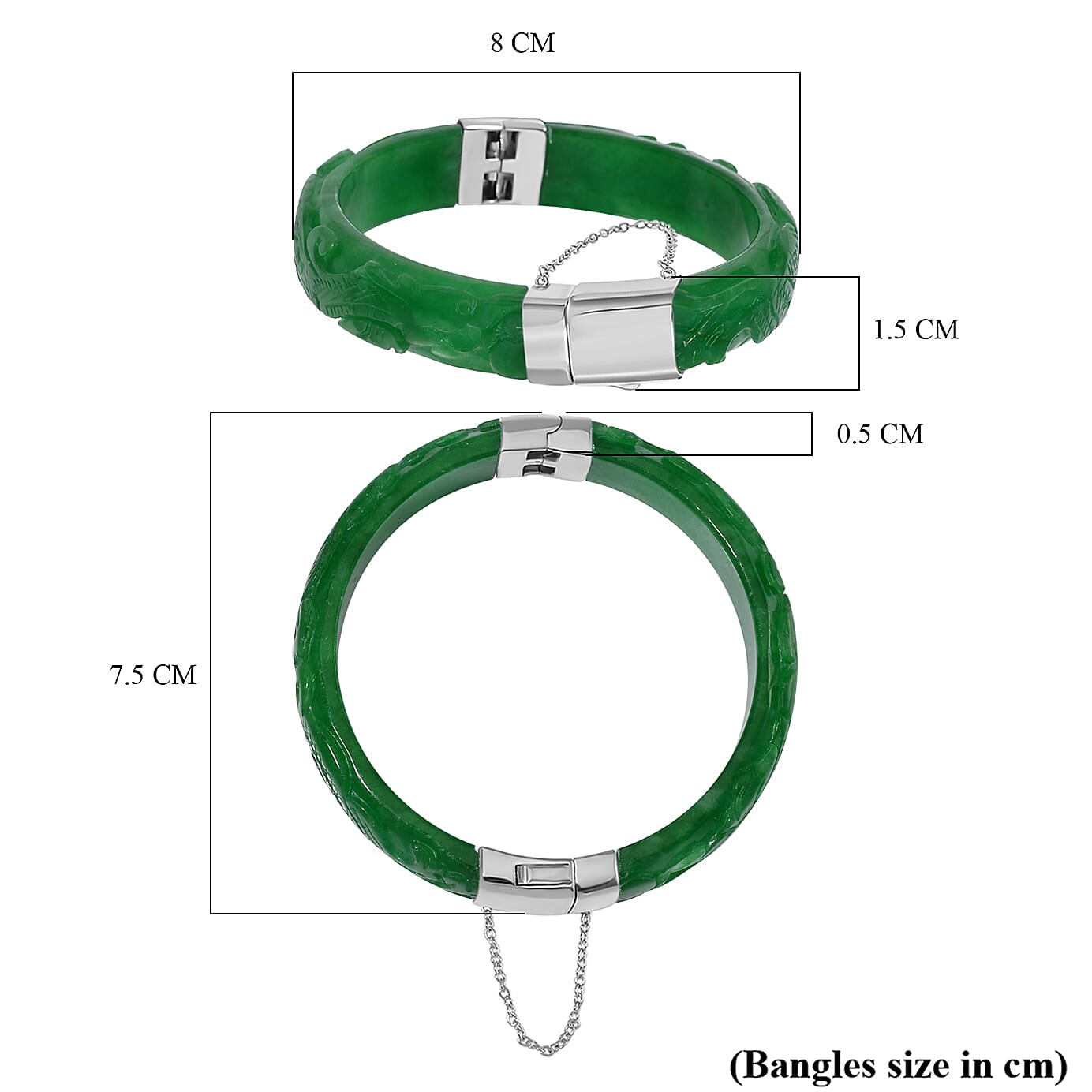 Hand Carved Green Jade Dragon Bangle in Rhodium Overlay Sterling Silver 270 ct., 7.5 Inch 7708801 7