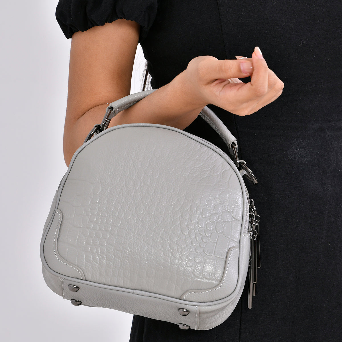 100% Genuine Leather Circle Croc Embossed Crossbody Bag - Creamy Off-White 7710165 3