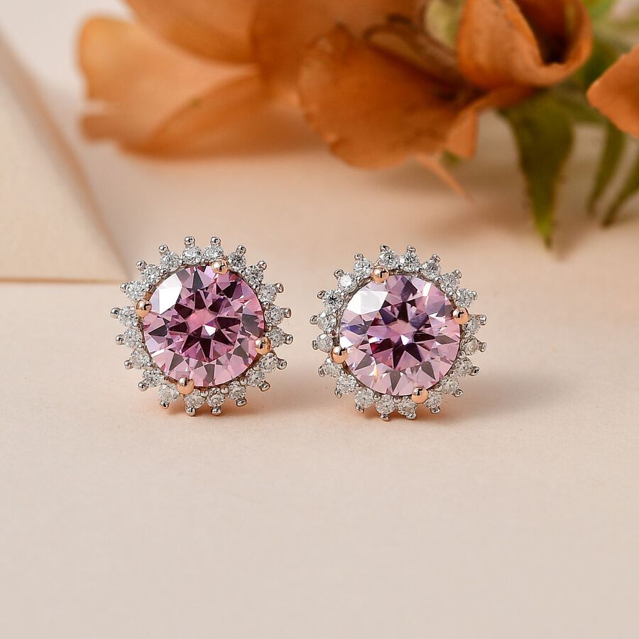 Pink and White Moissanite Stud Halo Earrings in 18K Rose Gold Vermeil Plated Sterling Silver 2.30 Ct. 7712313 2