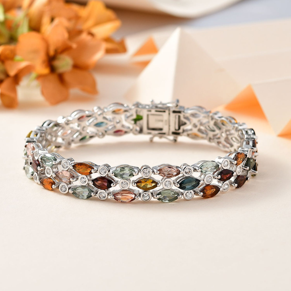 Multi-Tourmaline &amp; Natural Zircon Bracelet (Size - 7) in Platinum Overlay Sterling Silver 19.40 Ct, Silver Wt 19.55 Gms 7712887 2