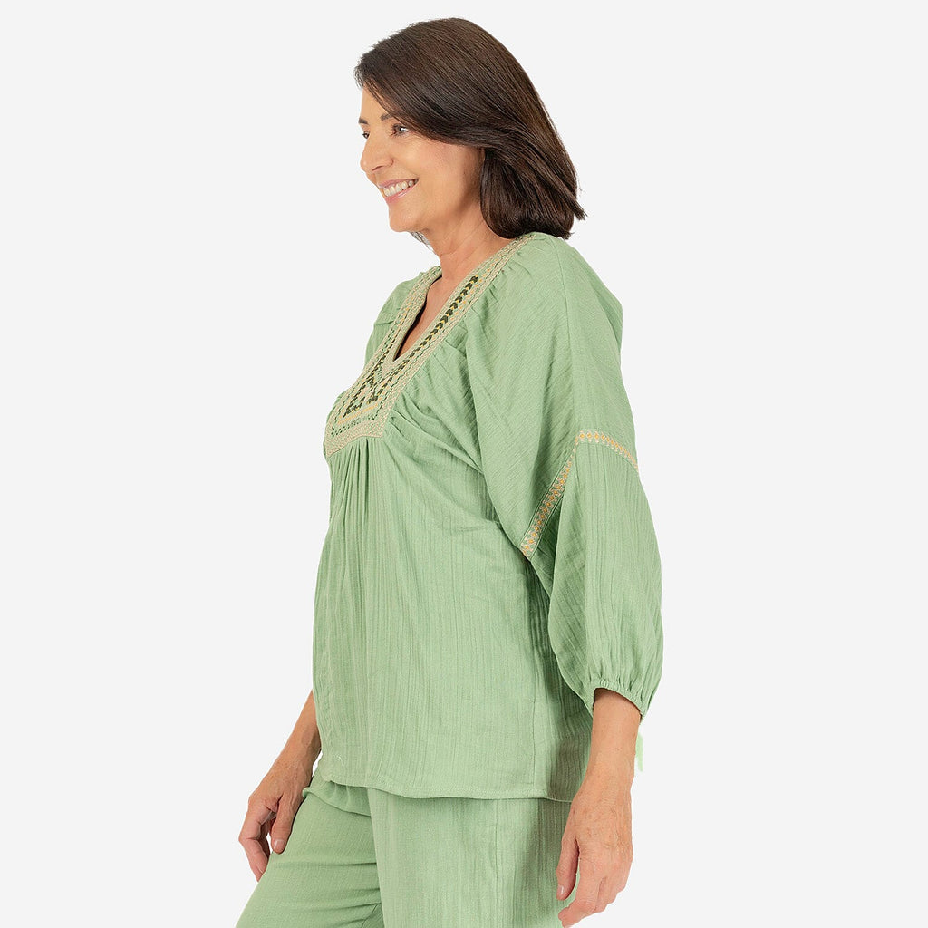 100% Cotton Tamsy Embroiderd Gauze Top Size S (8-10) - Green_7720898_1