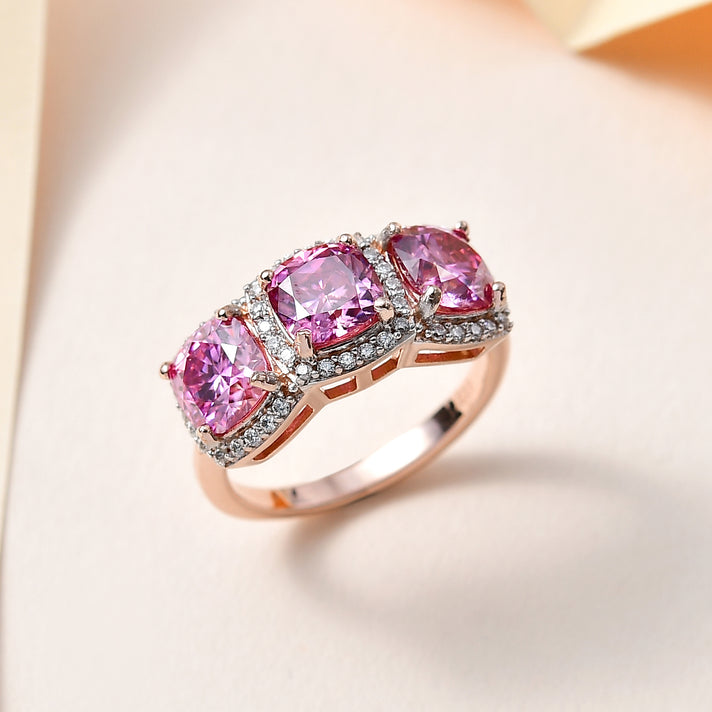 3.4 Ct. Pink Moissanite Halo, Trilogy Ring in 18K Rose Gold Vermeil Sterling Silver 7721642 2