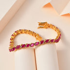 Ruby Marquee Tennis Bracelet (Size 7.5) with GB Lock Box in 18K Vermeil Yellow Gold Plated Sterling Silver 11.25 Ct, Silver Wt. 12.96 Gms_7723252_1