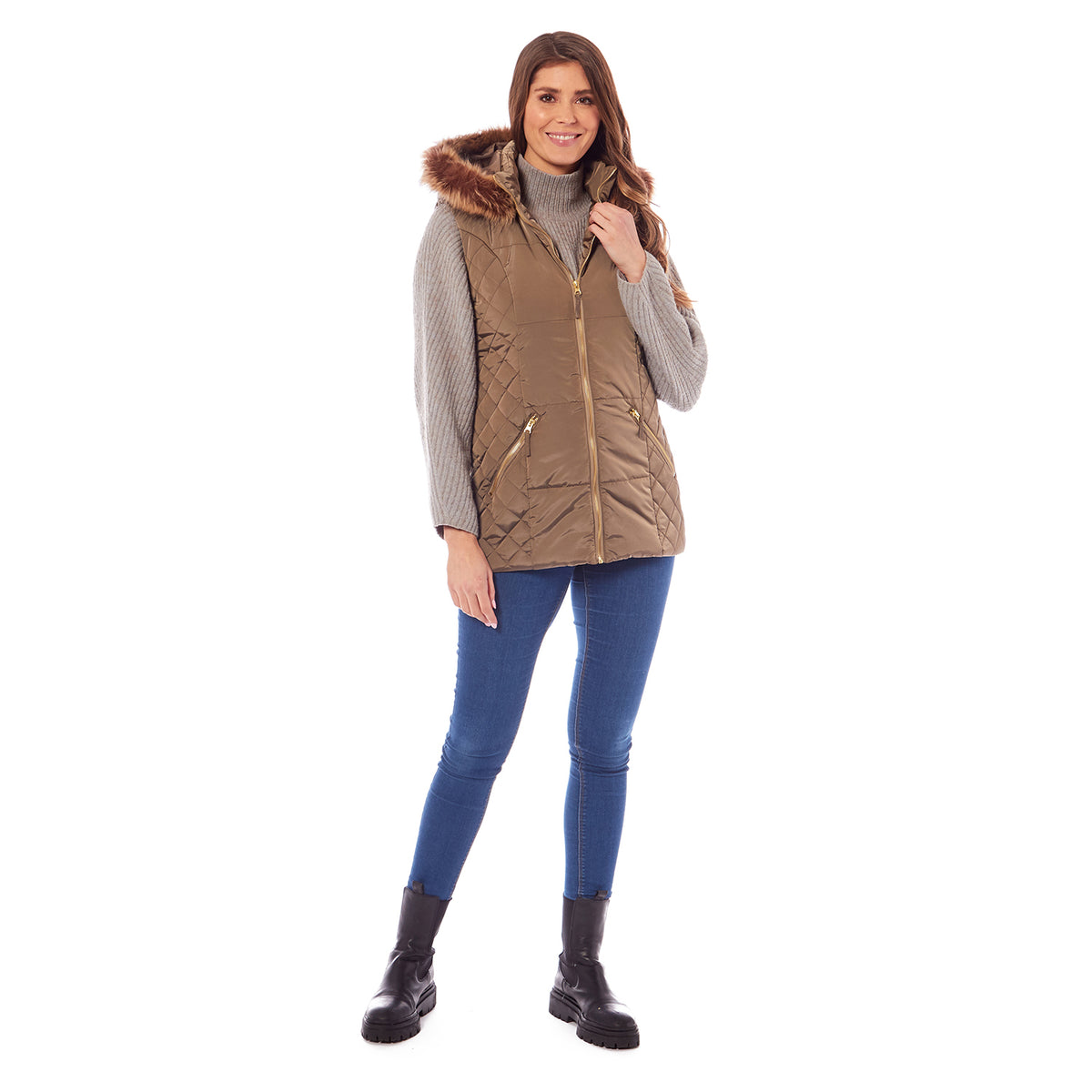 Charlotte West Harley Fur Trim Hooded Ladies Gilet - Sage V32575758 2