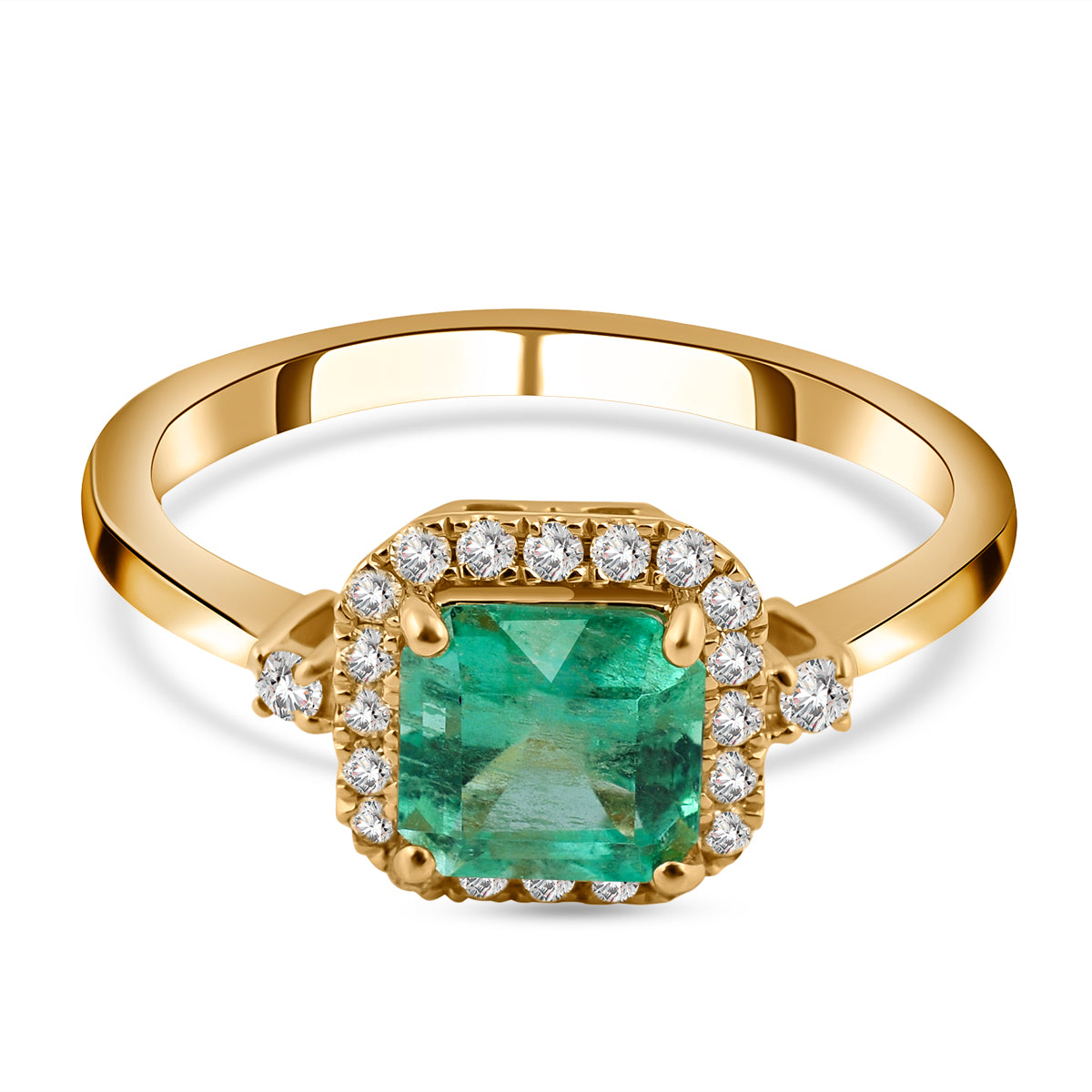 18K Yellow Gold AAA Colombian Emerald,  White Diamond A Halo Ring 1.40 ct,  Gold Wt. 3.63 Gms  1.400  Ct. 7724482 0