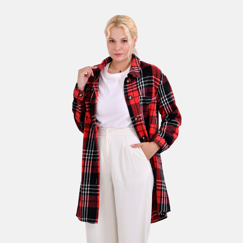 La Marey Brushed Cotton Blend Checked Shacket - Red & Black_7724567_3