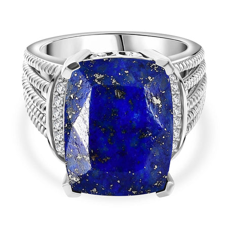 Lapis Lazuli &amp; Natural Zircon Halo Ring in Platinum Overlay Sterling Silver 10.32 Ct, Silver Wt. 7.41 Gms 7725883 1
