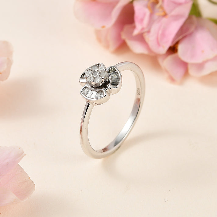Designer Inspired - Diamond Floral Ring in Platinum Overlay Sterling Silver 0.25 Ct. 7726493 2