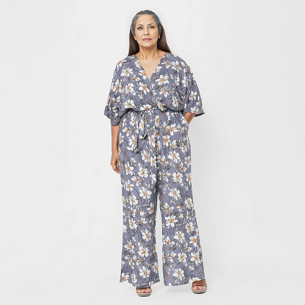 La Marey 100% Viscose Floral Pattern Ladies Jumpsuit (Size L) - Grey_7726942