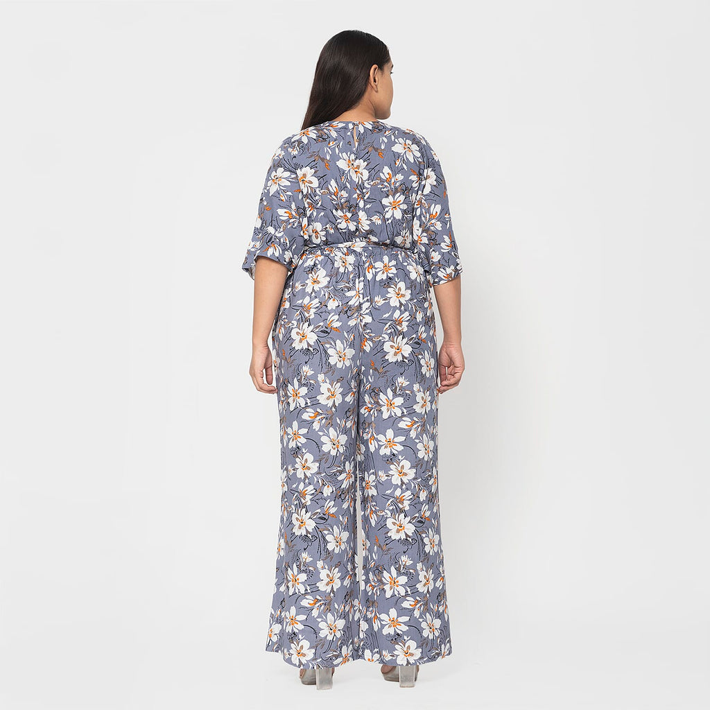 La Marey 100% Viscose Floral Pattern Ladies Jumpsuit (Size L) - Grey_7726942_8