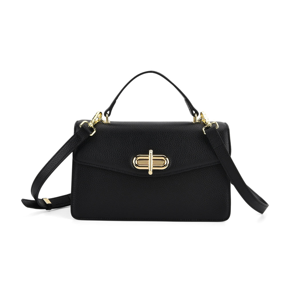 Designer Inspired Closeout Deal - Genuine Leather Structured Top Handle Satchel with Gold-Tone Lock - Black_7730138