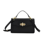 Designer Inspired Closeout Deal - Genuine Leather Structured Top Handle Satchel with Gold-Tone Lock - Black_7730138