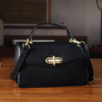 Designer Inspired Closeout Deal - Genuine Leather Structured Top Handle Satchel with Gold-Tone Lock - Black_7730138_1
