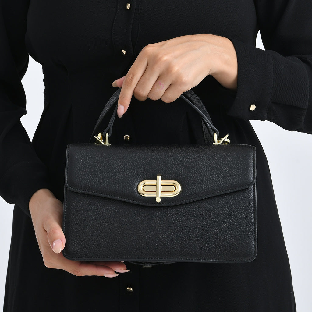 Designer Inspired Closeout Deal - Genuine Leather Structured Top Handle Satchel with Gold-Tone Lock - Black_7730138_3