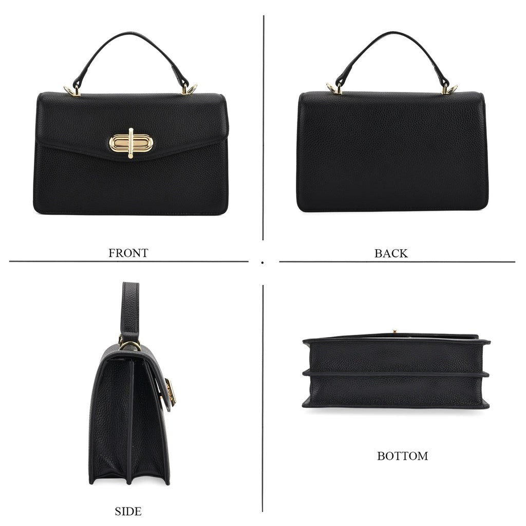 Designer Inspired Closeout Deal - Genuine Leather Structured Top Handle Satchel with Gold-Tone Lock - Black_7730138_4