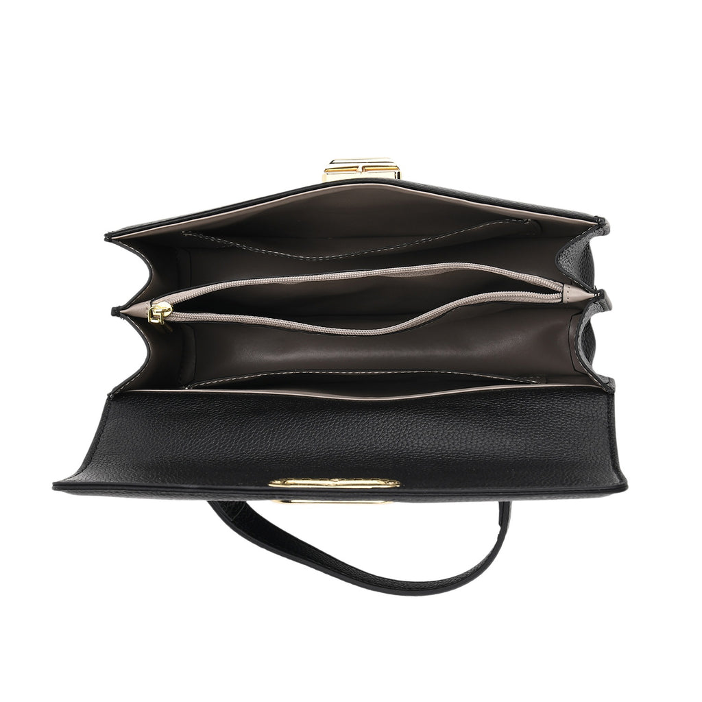 Designer Inspired Closeout Deal - Genuine Leather Structured Top Handle Satchel with Gold-Tone Lock - Black_7730138_5