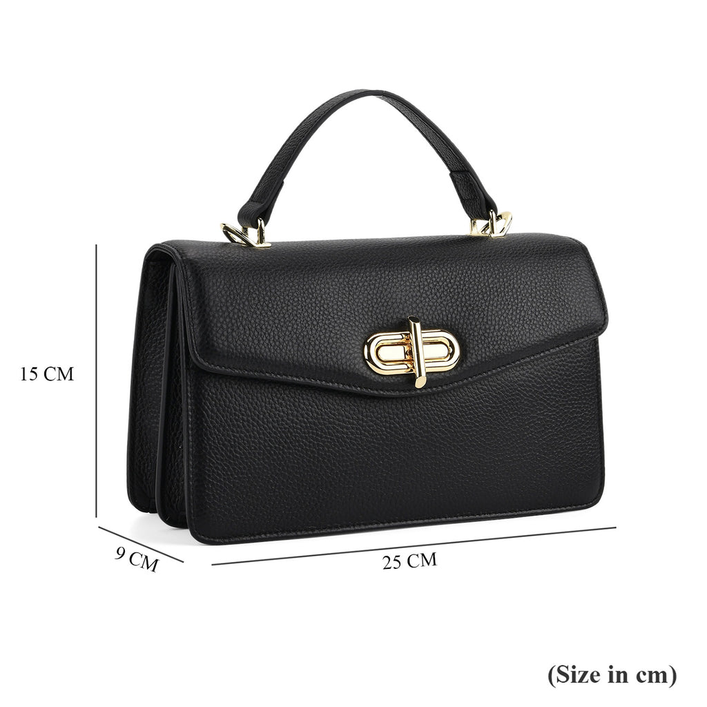 Designer Inspired Closeout Deal - Genuine Leather Structured Top Handle Satchel with Gold-Tone Lock - Black_7730138_6