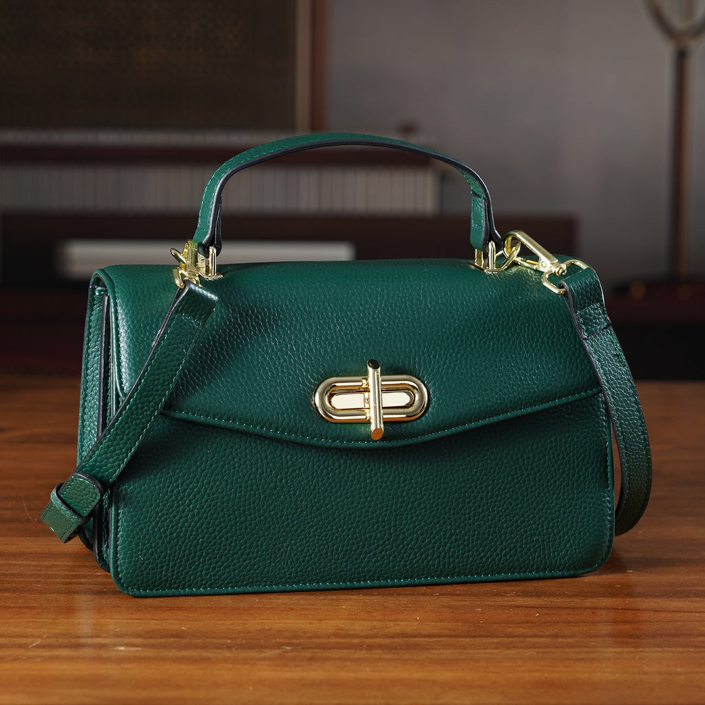 Designer Inspired Closeout Deal - Genuine Leather Structured Top Handle Satchel with Gold-Tone Lock - Green_7730139_1
