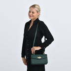 Designer Inspired Closeout Deal - Genuine Leather Structured Top Handle Satchel with Gold-Tone Lock - Green_7730139_2