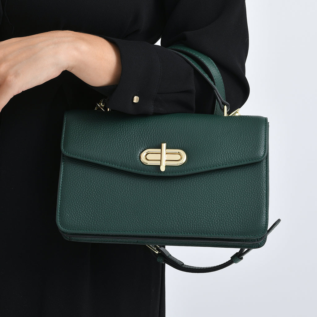 Designer Inspired Closeout Deal - Genuine Leather Structured Top Handle Satchel with Gold-Tone Lock - Green_7730139_3