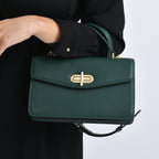 Designer Inspired Closeout Deal - Genuine Leather Structured Top Handle Satchel with Gold-Tone Lock - Green_7730139_3