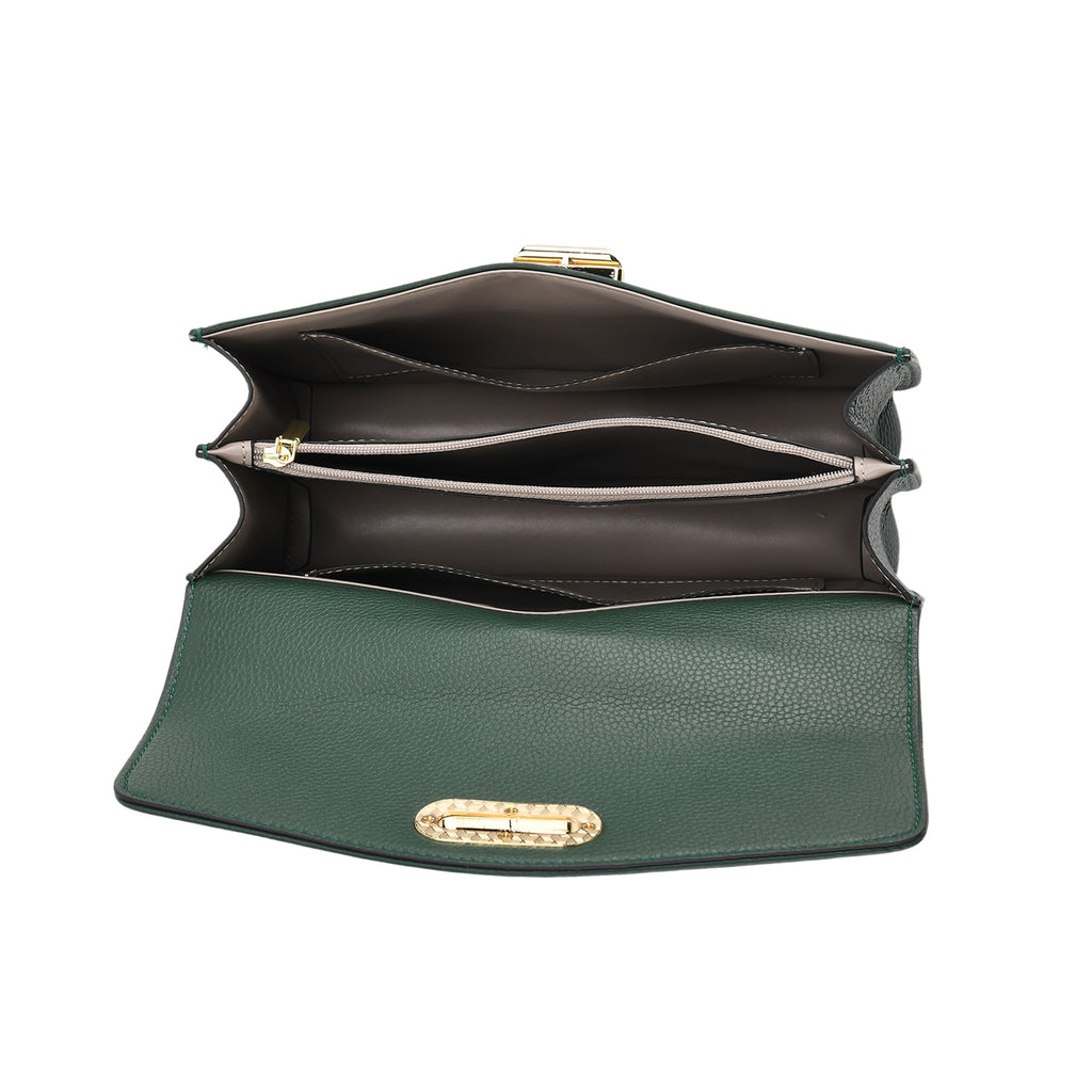 Designer Inspired Closeout Deal - Genuine Leather Structured Top Handle Satchel with Gold-Tone Lock - Green_7730139_5