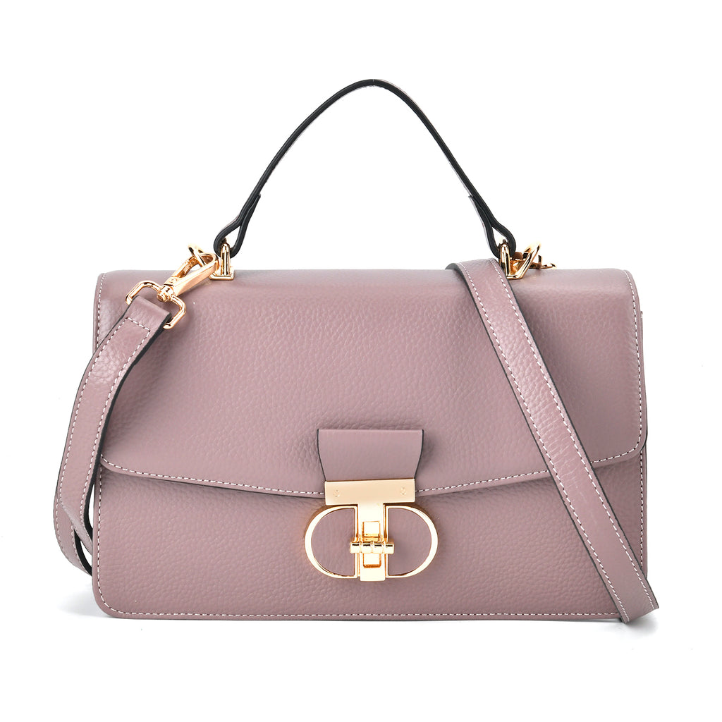 Designer Inspired Closeout Deal - Genuine Leather Structured Top Handle Satchel with Gold-Tone Lock - Taupe_7730141