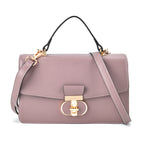 Designer Inspired Closeout Deal - Genuine Leather Structured Top Handle Satchel with Gold-Tone Lock - Taupe_7730141