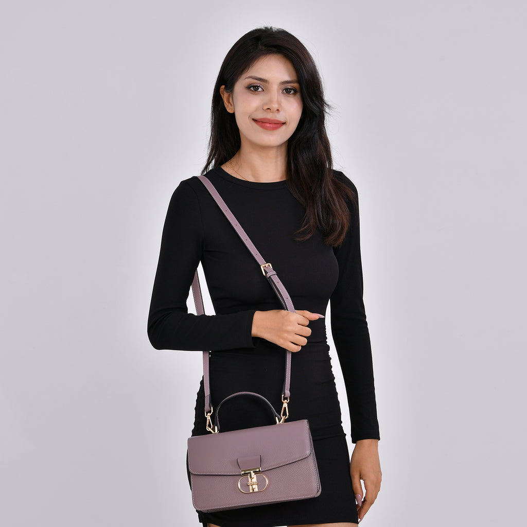 Designer Inspired Closeout Deal - Genuine Leather Structured Top Handle Satchel with Gold-Tone Lock - Taupe_7730141_1