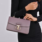 Designer Inspired Closeout Deal - Genuine Leather Structured Top Handle Satchel with Gold-Tone Lock - Taupe_7730141_2